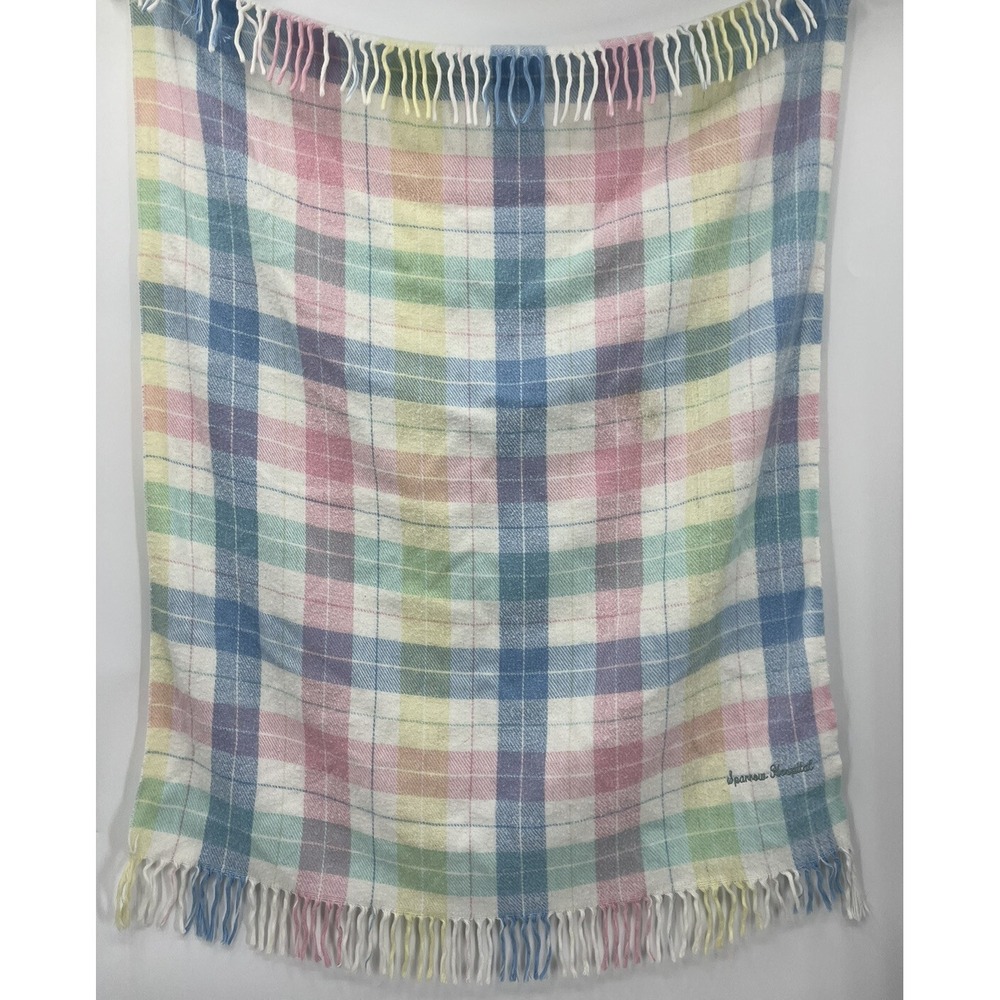 Vintage Beacon Baby Blanket WPL1675 Pastel Plaid Acrylic Fringe Pink Blue 35x44